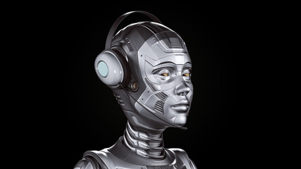 3d render of detailed robot woman or futuristic cyber girl with headset. Right front view of the head. Isolated on black background
