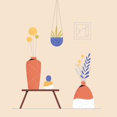 Composition with stylized potted houseplants and vases. Vector illustration