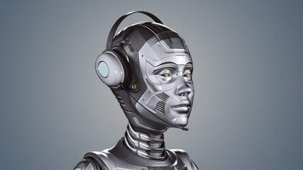 3d render of detailed robot woman or futuristic cyber girl with headset. Right front view of the head. Isolated on color background