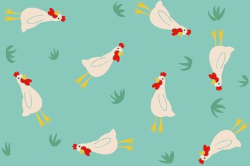Seamless pattern of cute cartoon hand-drawing cock with green background