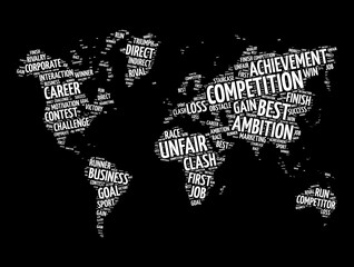 Fototapeta na wymiar Competition word cloud in shape of world map, business concept background