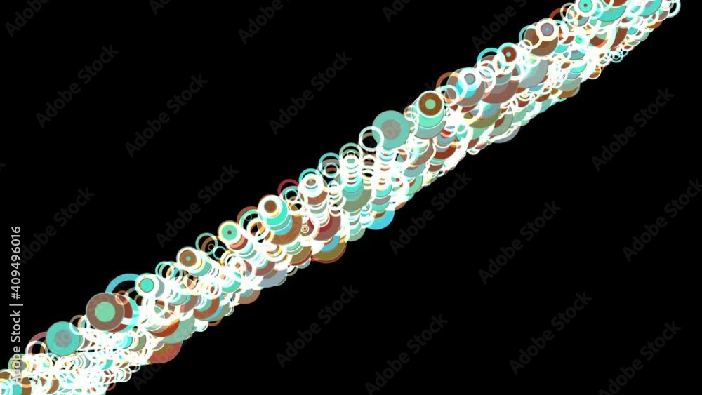 Poster isolated black background. close-up of a vertical stripe of abstract moving particle balls, circles.