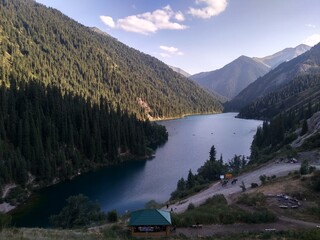 Wide view at the beautiful Kolsai Lake in Kazakhstan