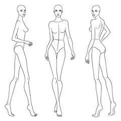 Fashion models walking on the podium. Nine head fashion figure templates.   Beautiful slim women sketch, vector illustration.