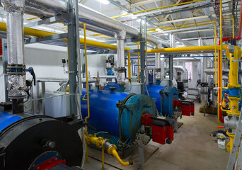 Modern boiler room equipment. Water heating. Power supply. Water supply