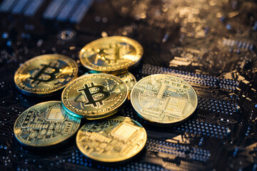 Blockchain technology, bitcoin mining. Close up shot of Gold Bitcoins coins isolated on motherboard background. Crypto currency, bitcoin. BTC, Bit Coin