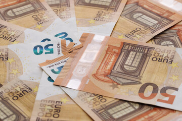 50 Euro Cash Macro Part. European Union Currency. Stack of 50 euro banknotes.