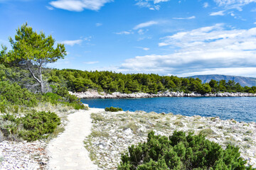 Beautiful Adriatic sea in Croatia in summer. Blue lagoon, green pines, stony coast. Footpath along the sea. Mudri Dolac, Basina bay