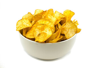 Potato chips in bowl isolated on white background
