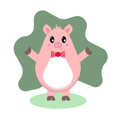 Cute happy pink pig with bow tie, standing. Vector cartoon character. The symbol of the Chinese New Year.