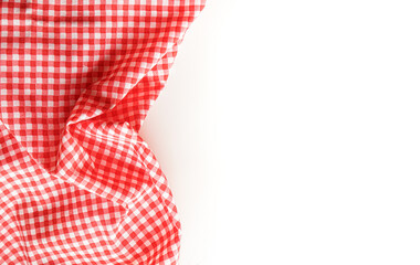 crumble pink plaid fabric or tablecloth on white background with copy space. 