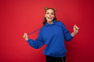 Photo of young charming beautiful attractive happy smiling delightful blonde woman with two horns...