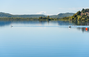 Landscape of Lake Varese from lakefront of Gavirate, Lombardy, Italy