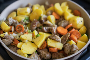 Meat stewed with potatoes, carrots, vegetables and spices in a pan. Process of cooking dish in a kitchen. Selective focus with copy space