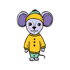 Obraz premium Little mouse in a sweater and a hat. Children's vector illustration