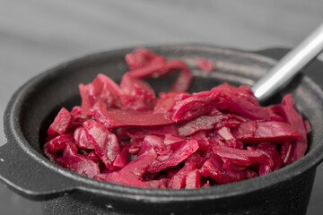 Red Cabbage in a cast iron dish pot.  With selective colour