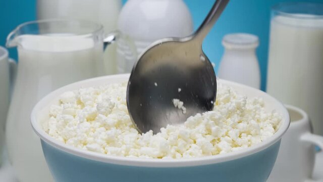 Blue bowl of cottage cheese with spoon, served with various dairy products