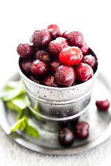 Deep red cherries freshly washed with drops of water in a metal bowl with mint leaves and drops of water, photography of very bright and refreshing food