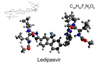 Chemical formula, structural formula and 3D ball-and-stick model of ledipasvir, a drug for the treatment of hepatitis C, white background