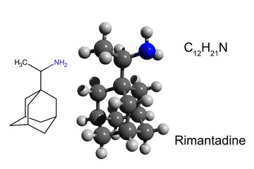 Chemical formula, structural formula and 3D ball-and-stick model of rimantadine, an orally administered antiviral drug used to treat influenza virus A infection, white background