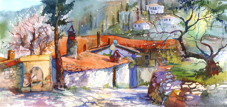 Traditional watercolor illustration, landscape. Ancient village road, red terracotta roofs, white houses on the hill. Turkey village view. Spring time. Blooming trees. 