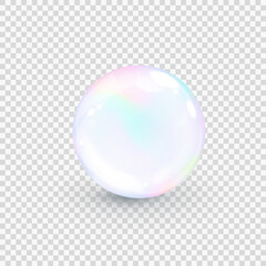 Iridescent pearl bubble isolated on transparent background. Realistic water serum or collagen droplet. Vector illustration of glass surface ball or rain drop