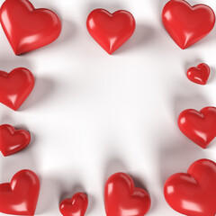 Fototapeta premium 3D render visualization with glossy red hearts around the square shape, white copy background space for text, valentines graphic design