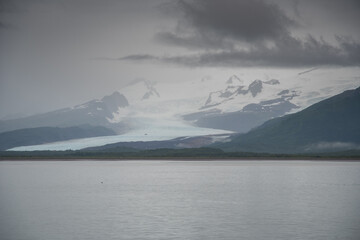 Hallo Glacier seen across Hallo Bay, Katmai, Alaska in the fog
