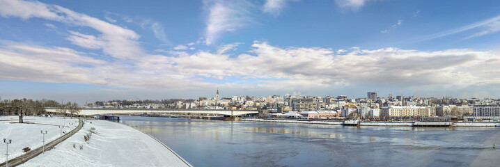 Belgrade Winter Panorama with Sava River, Branko's Bridge, Savamala Area, Kalemegdan park and Old City skyline.