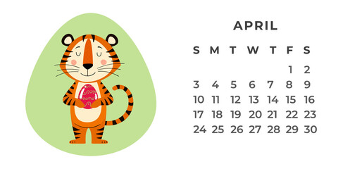 Desktop calendar design template for April 2022, the year of the Tiger according to the Chinese calendar. Vector stock flat illustration.