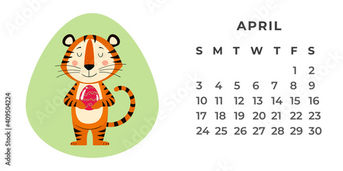 Desktop Calendar Design Template For April 2022, The Year Of The Tiger According To The Chinese Calendar Vector Stock Flat Illustration Wall Mural-Мария Кутепова