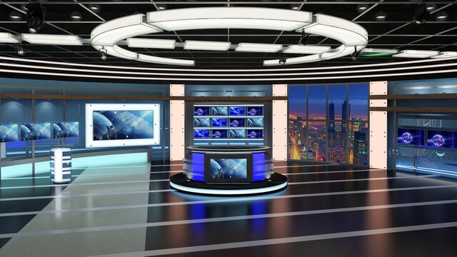 Virtual TV Studio News Set 27. Green screen background. 3d Rendering.