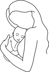 Minimalistic silhouette of woman holding baby. Mother and child. Modern illustration of mom. Black and white. White background. One line art.