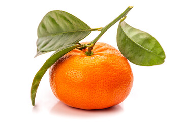 Mandarin with green leaves. Isolate on white background