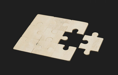 Putting last jigsaw puzzle piece. Solving and completing the task. The correct solution. Assembling...