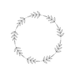 Simple round wreath with floral elements. Twigs with leaves in a linear style in a circle. Decorative plant border. Minimalistic frame for logo, tags, decoration design, congratulation. Vector  laurel