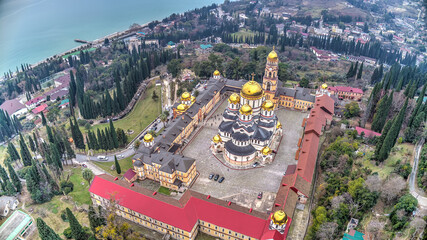 New Athos Monastery. Akhali Atoni, Abkhazia. The main monastery complex of Abkhazia. Aerial view