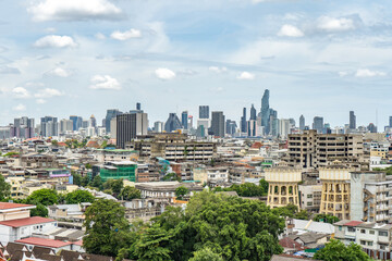 Fototapeta premium The Bangkok City in Old town area, shooting from the golden mountain (Wat Saket Temple), This picture was shot on 2020 at Bagkok, Thailand.