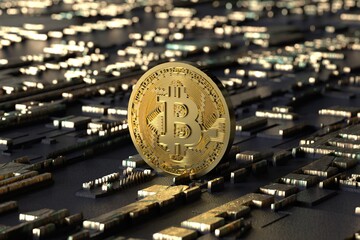 Moneda bitcoin en entorno tecnológico. El mundo de las criptomonedas. Invertir en criptomonedas.