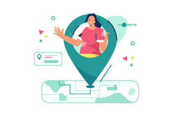 Current location of woman vector illustration. Map showing peoples location in current moment flat style. Gps navigation and online map concept. Isolated on white background