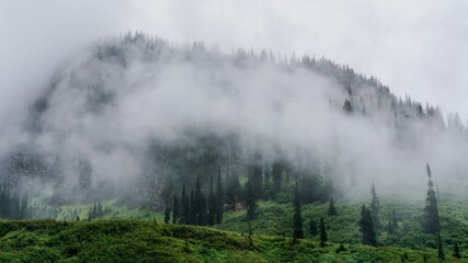 Fototapeta na wymiar The clouds roll through the mountains on a rainy day in Glacier National Park, Montana, USA