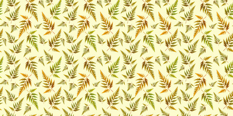Floral background. Repeating pattern. Botanical banner. Pattern from leaves on a yellow background. The leaves are real, not painted. Inspiration from nature.