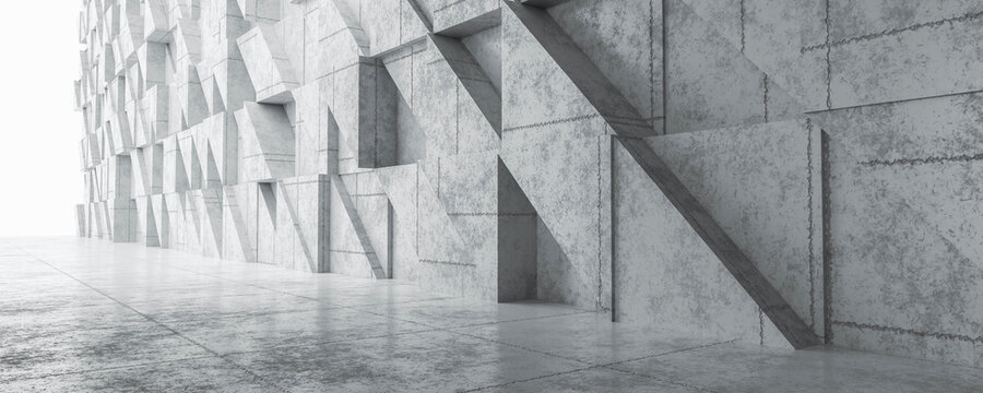 abstract grey concrete architecture building with geometric triangle shape elements 3d render illustration