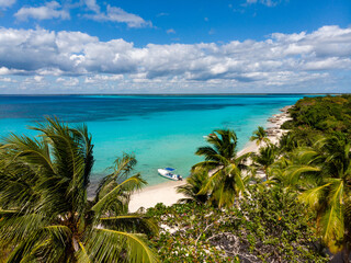 Aerial drone view of the paradise beach with palm trees, boat and blue water of Caribbean Sea with coral bottom, Saona island, Dominican Republic