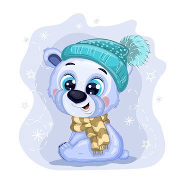 Cartoon polar bear in a winter hat sitting in the snow surrounded by flying snowflakes. Positive and unique design.