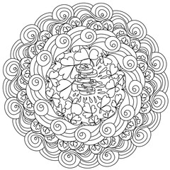 St. Patrick's day manadala with a stack of coins in the center, coloring page about luck and wealth