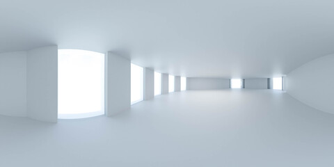 360 shperical panorama view white hallway with bright day lighting 3d render illustration