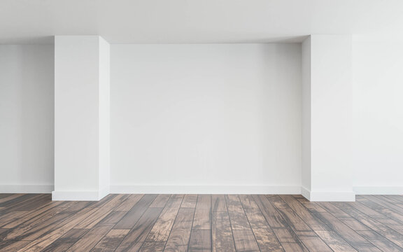 Empty white wall with natural lighting and wooden floor 3d render illustration