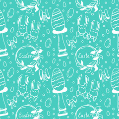 Cute Rabbits and Easter eggs. Vector seamless pattern. Doodle style.