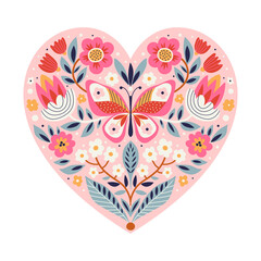 Template greeting cards and invitations with a heart. Decorative flowers and butterfly. Can be used for scrapbook, banner, print, etc.